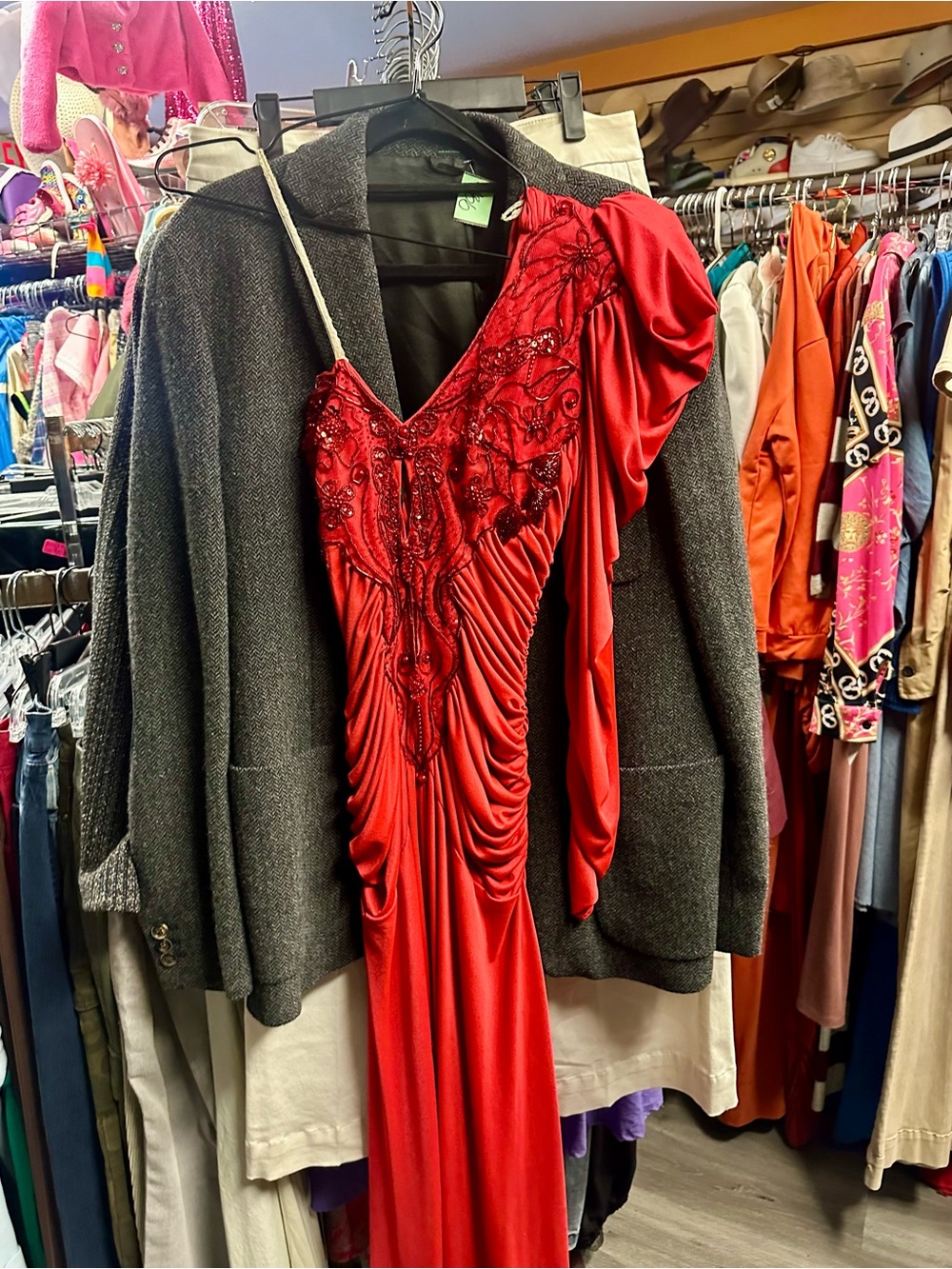 Vintage Red One-Shoulder Beaded Ruched Evening Gown